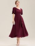 Pleated Chiffon Ruffle Sleeve Midi Dress - Burgundy