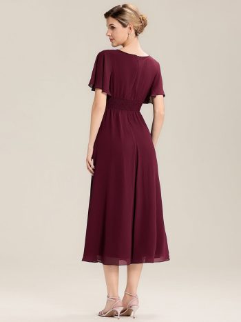 Pleated Chiffon Ruffle Sleeve Midi Dress - Burgundy