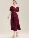 Pleated Chiffon Ruffle Sleeve Midi Dress – Burgundy