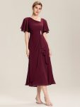 Pleated Chiffon Ruffle Sleeve Midi Dress – Burgundy