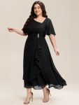 Pleated Chiffon Ruffle Sleeve Midi Dress – Black