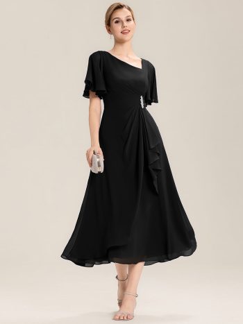 Pleated Chiffon Ruffle Sleeve Midi Dress - Black