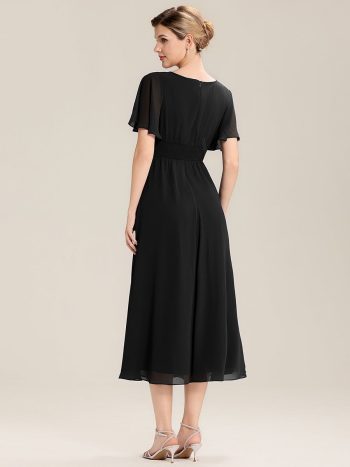 Pleated Chiffon Ruffle Sleeve Midi Dress - Black