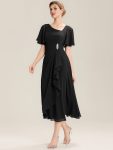 Pleated Chiffon Ruffle Sleeve Midi Dress – Black