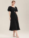 Pleated Chiffon Ruffle Sleeve Midi Dress – Black