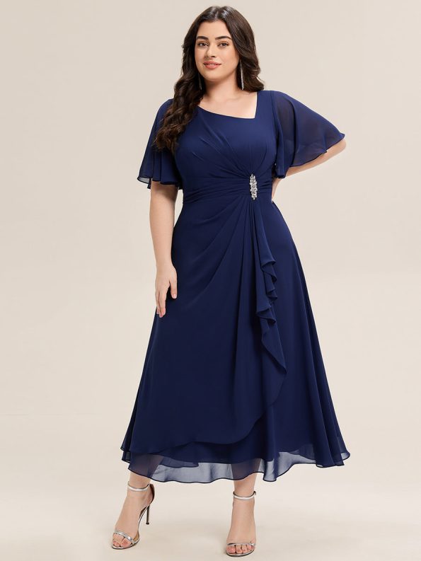 Pleated Chiffon Ruffle Sleeve Midi Dress - Navy Blue