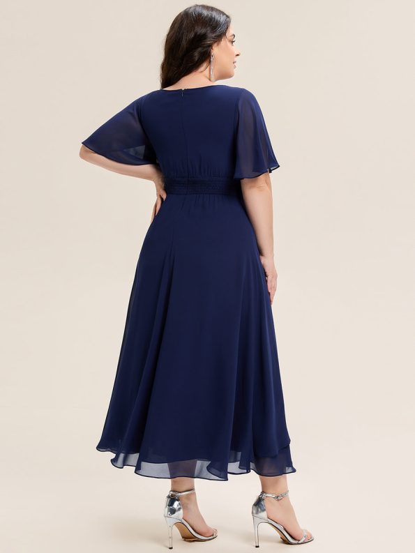Pleated Chiffon Ruffle Sleeve Midi Dress - Navy Blue