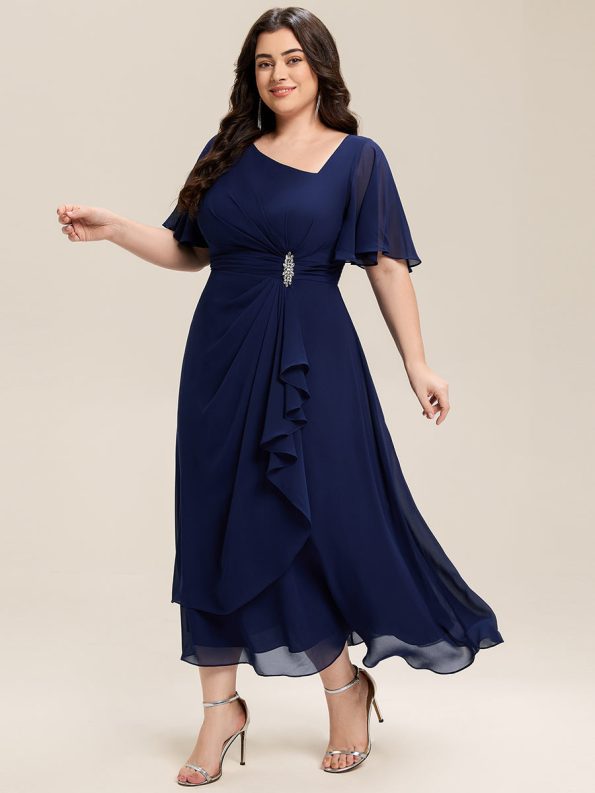 Pleated Chiffon Ruffle Sleeve Midi Dress - Navy Blue