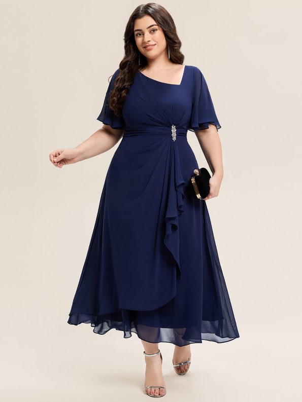 Pleated Chiffon Ruffle Sleeve Midi Dress - Navy Blue