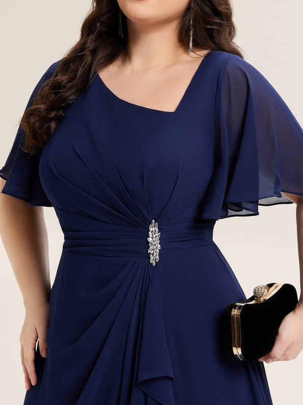 Pleated Chiffon Ruffle Sleeve Midi Dress - Navy Blue