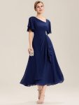 Pleated Chiffon Ruffle Sleeve Midi Dress - Navy Blue
