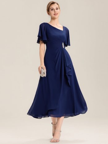 Pleated Chiffon Ruffle Sleeve Midi Dress - Navy Blue