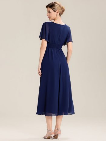 Pleated Chiffon Ruffle Sleeve Midi Dress - Navy Blue