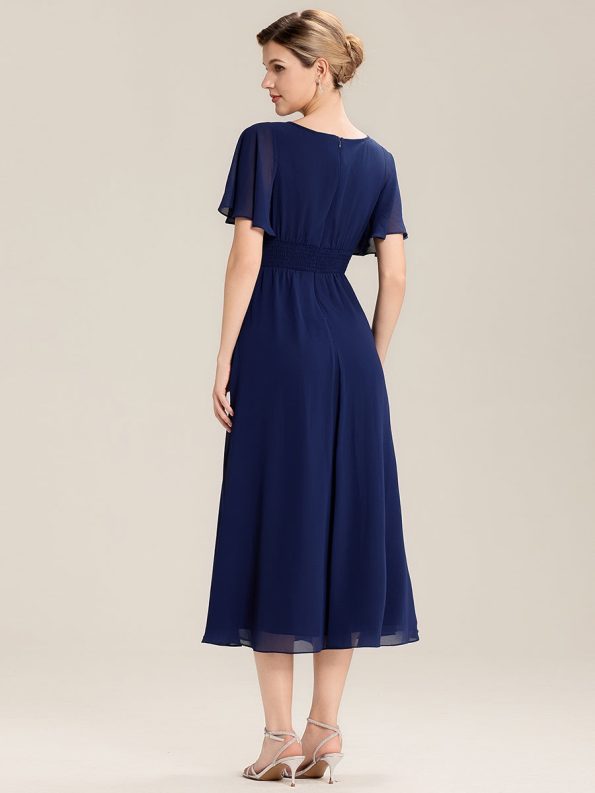 Pleated Chiffon Ruffle Sleeve Midi Dress - Navy Blue