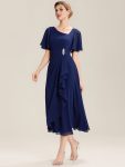 Pleated Chiffon Ruffle Sleeve Midi Dress – Navy Blue