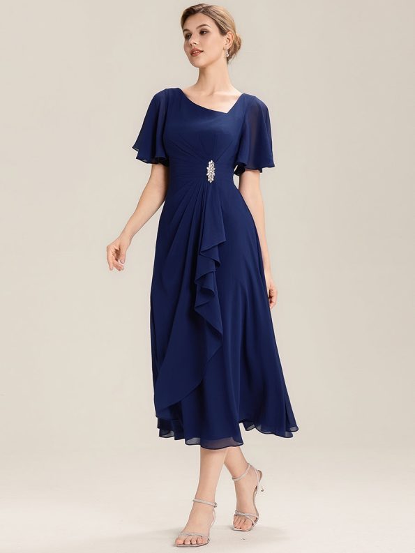 Pleated Chiffon Ruffle Sleeve Midi Dress - Navy Blue