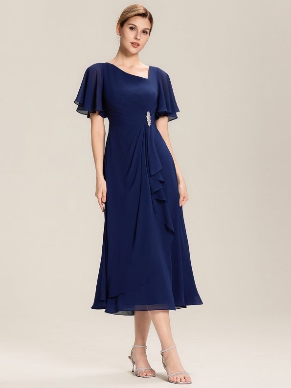 Pleated Chiffon Ruffle Sleeve Midi Dress - Navy Blue