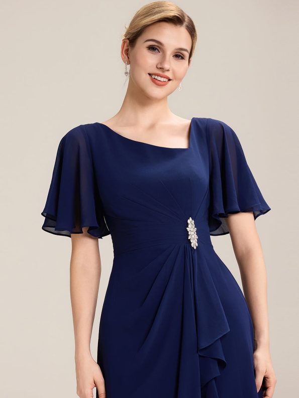 Pleated Chiffon Ruffle Sleeve Midi Dress - Navy Blue