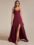 Spaghetti Strap V-Neck Chiffon Bridesmaid Dress with High Slit - Burgundy