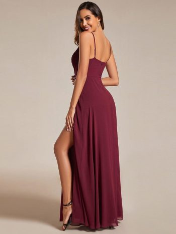 Spaghetti Strap V-Neck Chiffon Bridesmaid Dress with High Slit - Burgundy