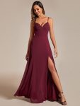 Spaghetti Strap V-Neck Chiffon Bridesmaid Dress with High Slit – Burgundy
