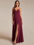 Spaghetti Strap V-Neck Chiffon Bridesmaid Dress with High Slit – Burgundy