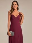 Spaghetti Strap V-Neck Chiffon Bridesmaid Dress with High Slit – Burgundy