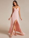 Spaghetti Strap V-Neck Chiffon Bridesmaid Dress with High Slit – Pink