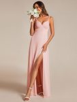 Spaghetti Strap V-Neck Chiffon Bridesmaid Dress with High Slit – Pink