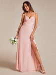 Spaghetti Strap V-Neck Chiffon Bridesmaid Dress with High Slit - Pink