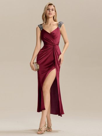 Satin High Slit Formal Maxi Dress - Burgundy