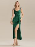 Satin High Slit Formal Maxi Dress – Dark Green