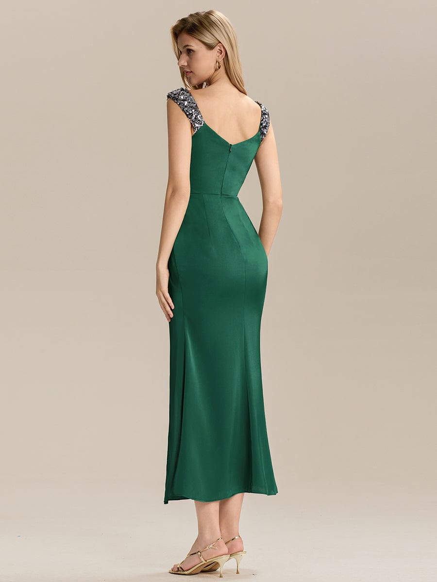 Satin High Slit Formal Maxi Dress - Dark Green Satin High Slit Formal Maxi Dress - Dark Green