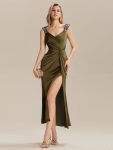 Satin High Slit Formal Maxi Dress – Olive Green