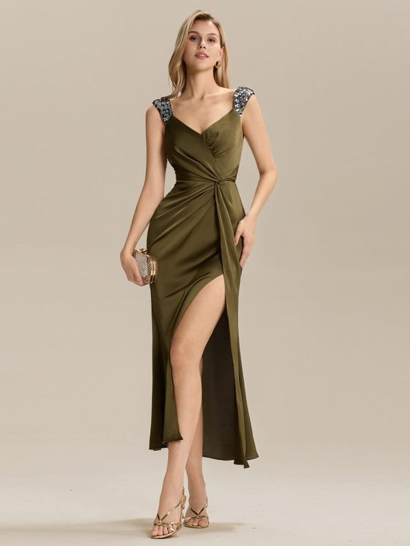 Satin High Slit Formal Maxi Dress - Olive Green
