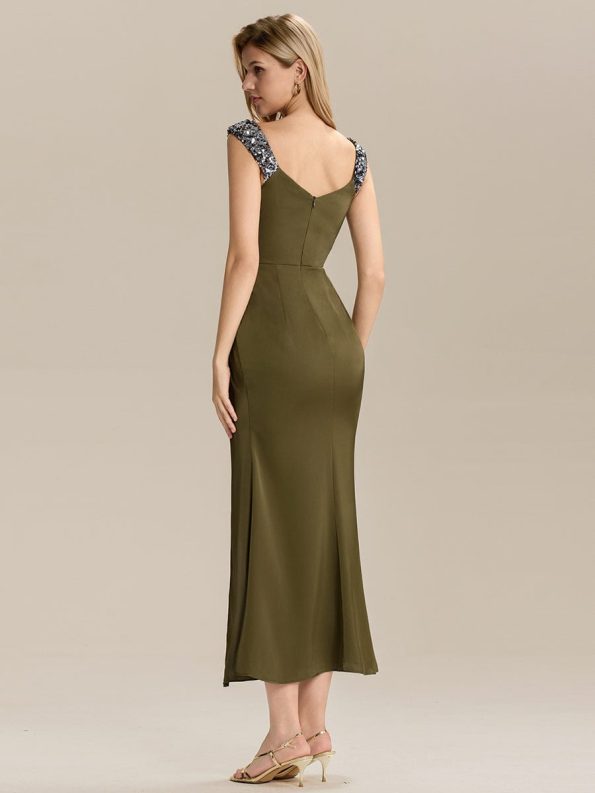 Satin High Slit Formal Maxi Dress - Olive Green