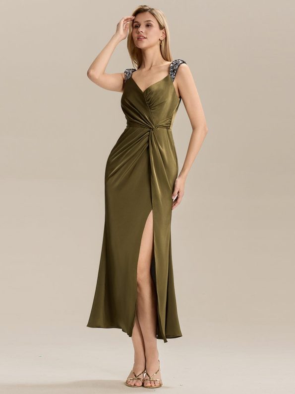 Satin High Slit Formal Maxi Dress - Olive Green