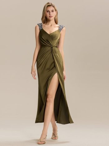 Satin High Slit Formal Maxi Dress - Olive Green