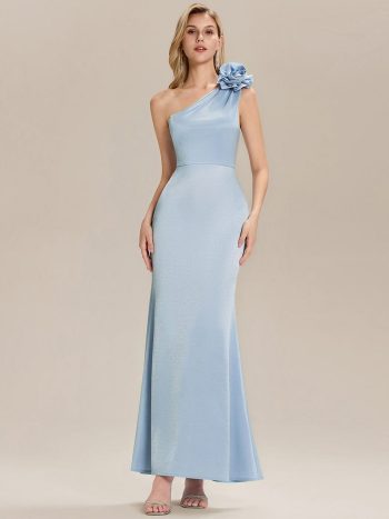 One Shoulder Knit Mermaid Evening Dress - Light Blue