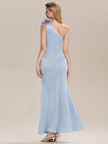 One Shoulder Knit Mermaid Evening Dress - Light Blue