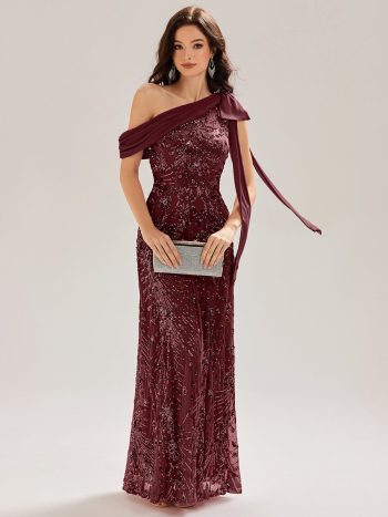 Bow Detail Sequin Drop Shoulder Sleeve Dress - Burgundy