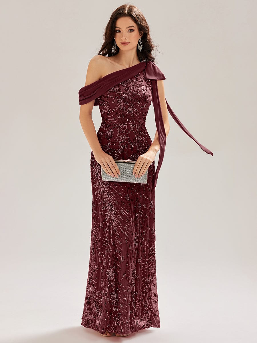 Bow Detail Sequin Drop Shoulder Sleeve Dress - Burgundy Bow Detail Sequin Drop Shoulder Sleeve Dress - Burgundy