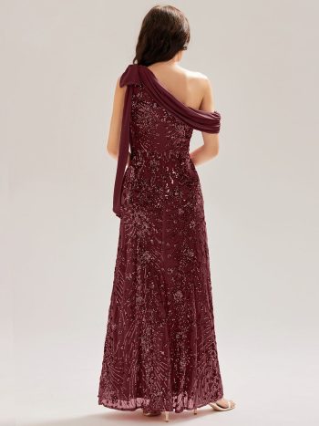 Bow Detail Sequin Drop Shoulder Sleeve Dress - Burgundy