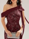 Bow Detail Sequin Drop Shoulder Sleeve Dress – Burgundy