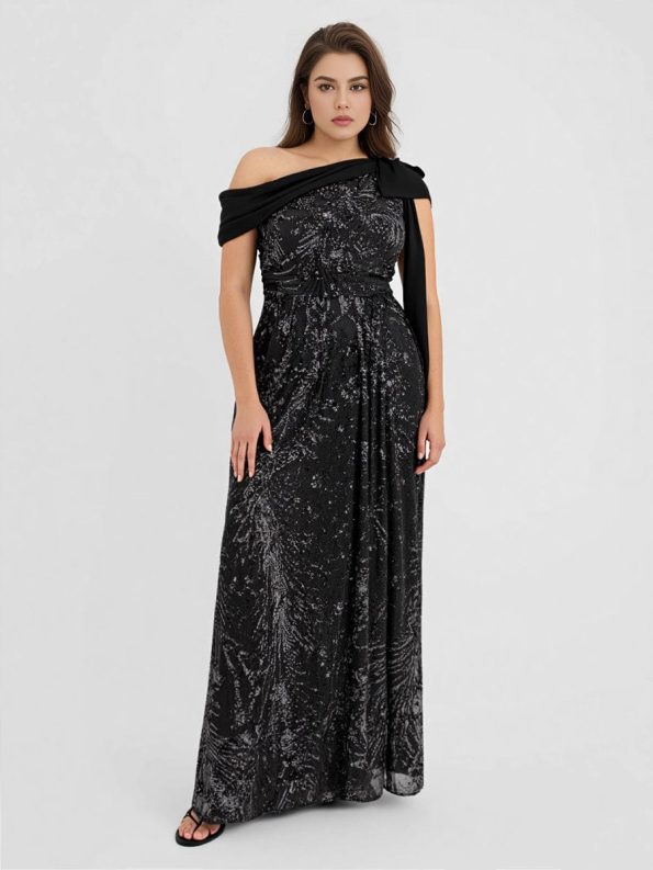 Bow Detail Sequin Drop Shoulder Sleeve Dress - Black