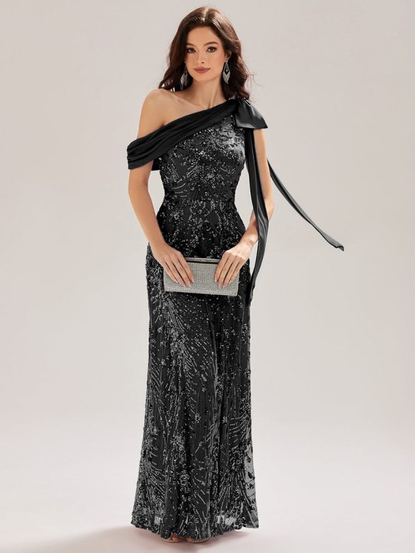 Bow Detail Sequin Drop Shoulder Sleeve Dress - Black