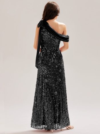 Bow Detail Sequin Drop Shoulder Sleeve Dress - Black