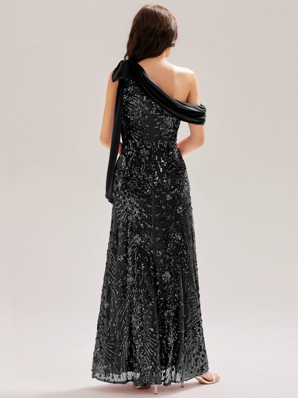 Bow Detail Sequin Drop Shoulder Sleeve Dress - Black
