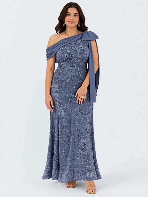 Bow Detail Sequin Drop Shoulder Sleeve Dress - Dusty Blue