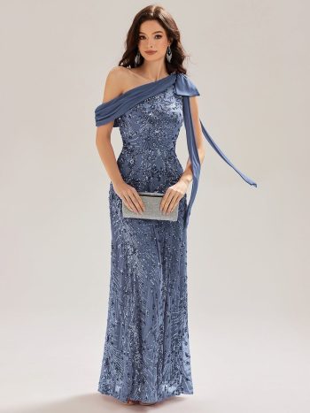 Bow Detail Sequin Drop Shoulder Sleeve Dress - Dusty Blue
